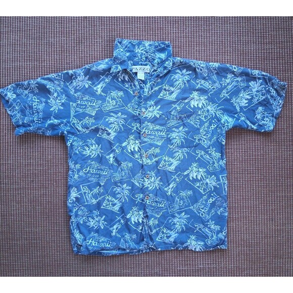 Hawaiian Shirt Pazzo Mens Large Floral Palm Tree Tropical Hawaii Blue Hula Dance - Picture 2 of 4
